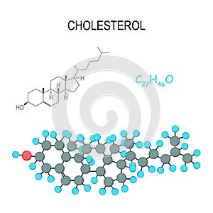 Cholesterol. Chemical structural formula and model of molecule. C27H46O