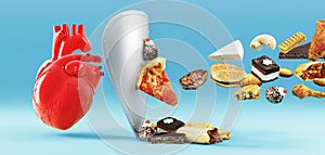 Cholesterol diet and healthy food nutritional for cardiovascular disease prevention concept with junk food, human heart