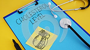 Cholesterol level is shown using the text and picture of fatty food