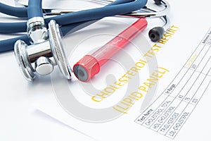 Cholesterol test lipid panel analysis result, test tubes with blood and a medical stethoscope lies on table. Concept of diagnosi