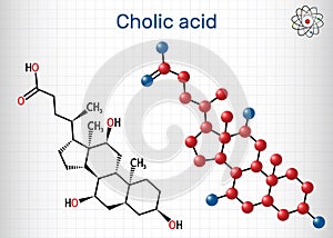 Cholic acid, C24H40O5 molecule. It is major primary bile acid produced in the liver. Nutritional supplement E 1000.  Structural