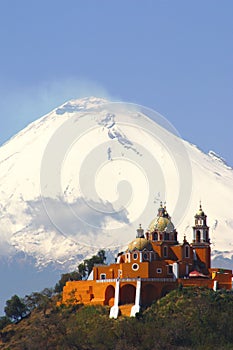 Cholula church and popocatepetl volcano in puebla, mexico I photo