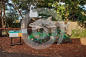 Chompers the Shark Sculpture made of garbage found in the ocean as part of the Washed Ashore art exhibit and environmental