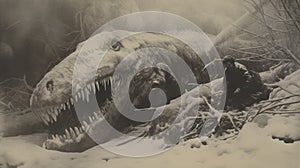 Chomping Dinosaur In Snow: A Calotype Cinematic Still
