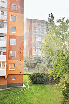 Chomutov, Czech republic - September 17, 2017: unexpectedly strong rain in Bezrucova street with high-rise houses on background at