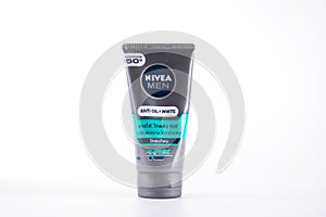 CHONBURI - THAILAND - JANUARY 2, 2018: Bottle of Facial wash foam on Isolated white background. NIVEA MEN BRAND. Anti Oil and