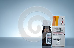 Collomak solution. Salicylic acid, lactic acid, and polidocanol. Keratolytic for external use only. Medicine for removal corns