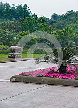 Statue of hippopotamus and pink flowers at Chongqing Zoo, China