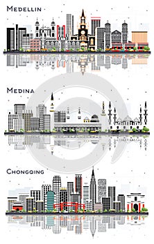 Chongqing China, Medina Saudi Arabia and Medellin Colombia City Skylines Set