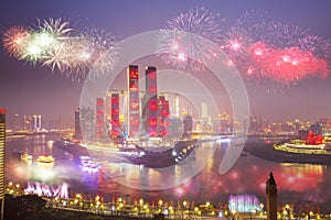 Chongqing skyline and Chinese New Year fireworks, China