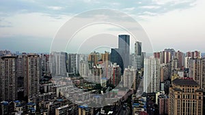 Chongqing skyscrapers next to the Yangtze river and sunset on the background, Chinese megapolis, Urban Skyline landscape view