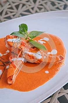 Choo Chee - Thai Spicy red curry thick sauce with grilled salmon photo