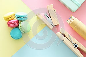 chool or office supplies, back to school over pastel background template..
