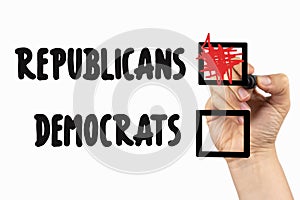 Choose between Democrats and republicans with checkbox. Doodle  on a whiteboard, written with black and red marker in a hand photo