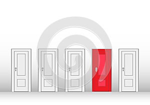 Choose the door to success. numerous closed doors in a room, one of them is red.