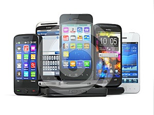 Choose mobile phone. Pile of new cellphones.