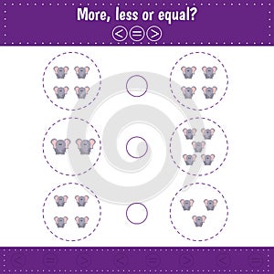 Choose more, less or equal. Count elephant. Learning counting kids activity