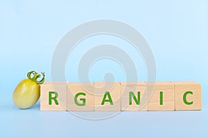 Choose organic food concept. Wooden blocks and tomato with word organic in blue background with copy space.