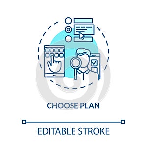 Choose plan turquoise concept icon. Select prepaid subscription. Decide on internet tariff. Roaming idea thin line