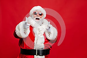 Choose winter season sales. Close up photo of cool stylish trendy santa indicate discount shopping bargain wear photo