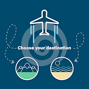 Choose your destination. Mountain or beach. Vector illustration, flat design