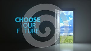 Choose your future. Doors opening to reveal beautiful sky and green field in dark grey room. Choice, business and success concept