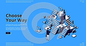 Choose your way isometric landing page, web banner