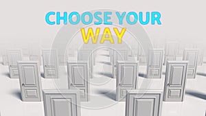 Choose your way. Rows of white wooden closed doors. There are many ways to choose. Choice, business and success concept. Moving