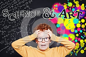 Choosing a Career concept. Shocked child boy and science and arts occupations