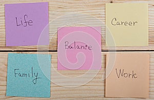 Choosing family or career concept - colorful sticky notes with words balance, work, career, family, life