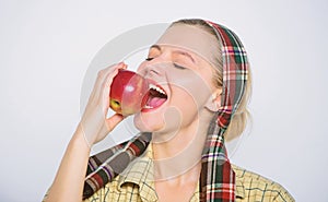 Choosing the freshest apples. skincare. spring harvest. summer fruit. orchard, gardener girl with apple basket. vitamin