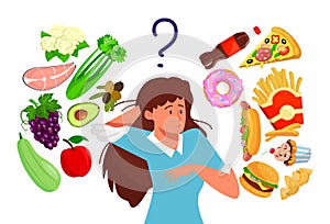 Choosing between healthy and fast food, girl leads healthy lifestyle, design cartoon style vector illustration, isolated