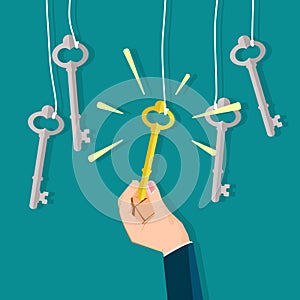 Choosing keys to success from ideas for achievement. Key hanging vector