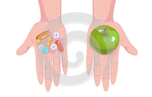 Choosing between medicine pills and natural treatment. Making decision between organic nutrition and medical tablets