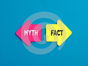 Choosing myth or fact alternative options. The words myth and fact on arrows pointing on opposite directions