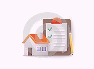 Choosing and searching for a house. House and clipboard. Mortgage, home checklist icon concept isolated on white background. 3D