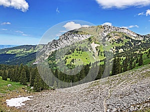 Chopfenberg or Choepfenberg Mountain above the valley Wagital or Waegital and alpine Lake Wagitalersee Waegitalersee, Innerthal