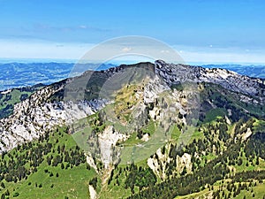 Chopfenberg or Choepfenberg Mountain above the valley Wagital or Waegital and alpine Lake Wagitalersee Waegitalersee, Innerthal