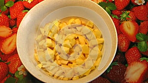 Chopped apples in the bowl. The process of preparing of apples for patties.