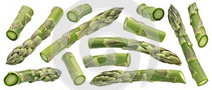 Chopped asparagus isolated white background, full depth of field