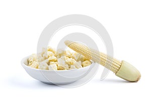 Chopped Baby Corn in a little white bowl