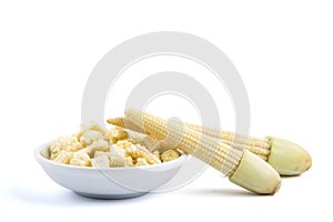 Chopped Baby Corn in a little white bowl