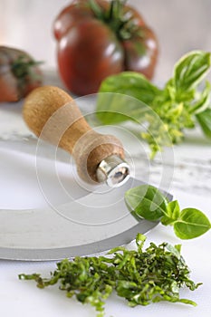 Chopped basil and chopper