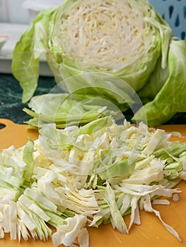 Chopped cabbage and half cabbage head