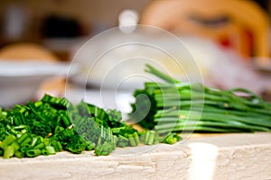 Chopped Chives on Breadboard in the Kitchen