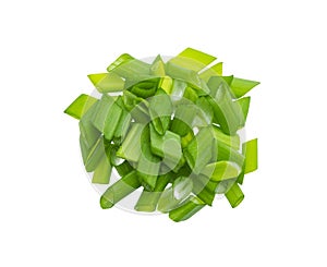 Chopped chives, fresh green onions isolated on white background, top view