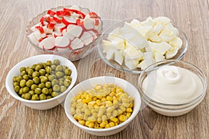 Chopped crab sticks, eggs, sweet corn, green peas and mayonnaise