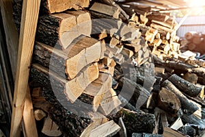 Chopped firewood storage under shed and oak wooden tree logs prepared for chopping and cutting at home backyard