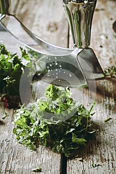 Chopped fresh mixed herbs with a mezzaluna knife photo