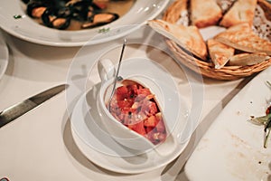 Chopped fresh tomato eat with toast bread. Bruschetta. Great for breakfast,